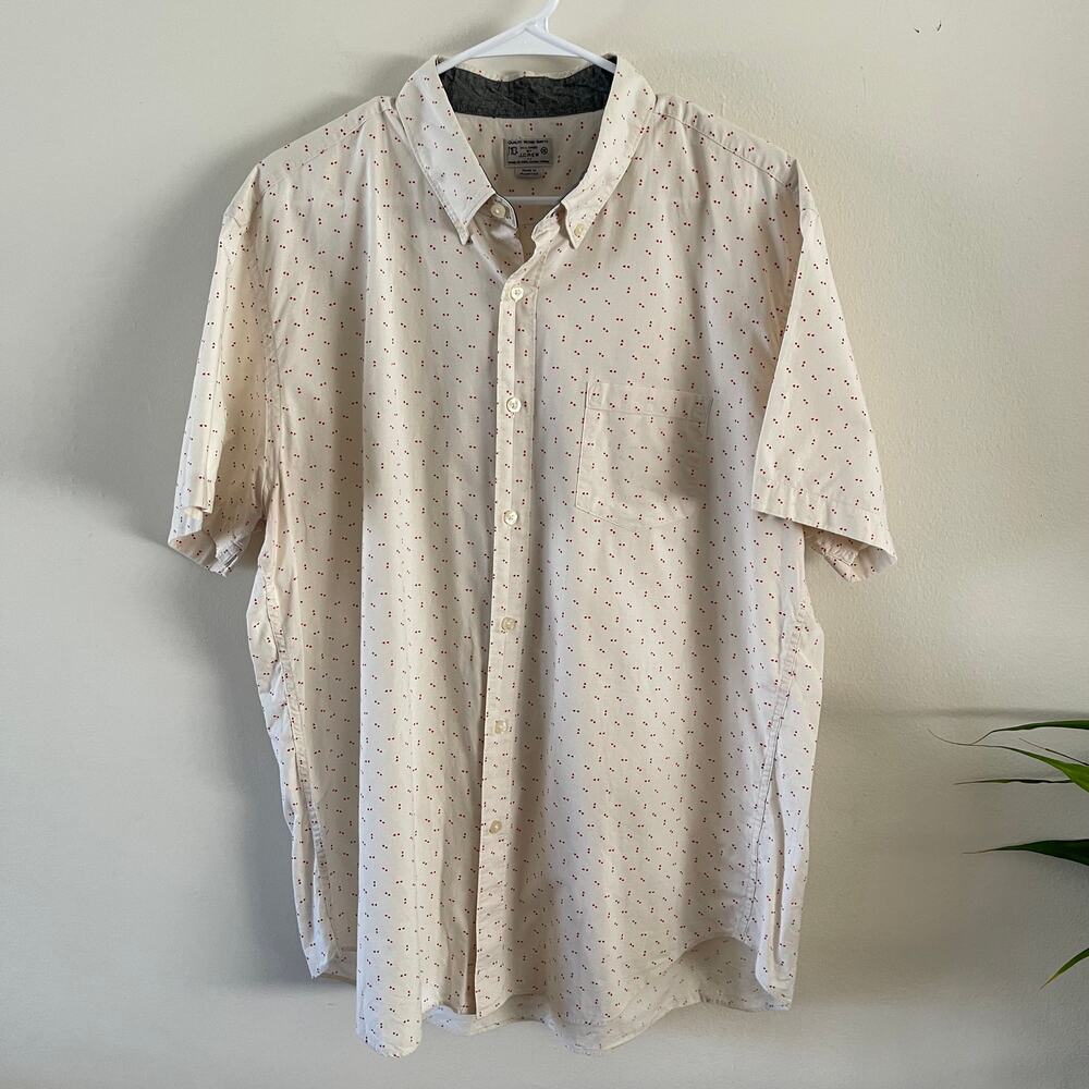 J. Crew Factory Mens Heart Print Short Sleeve Shirt XL Cream Red + Extra Buttons